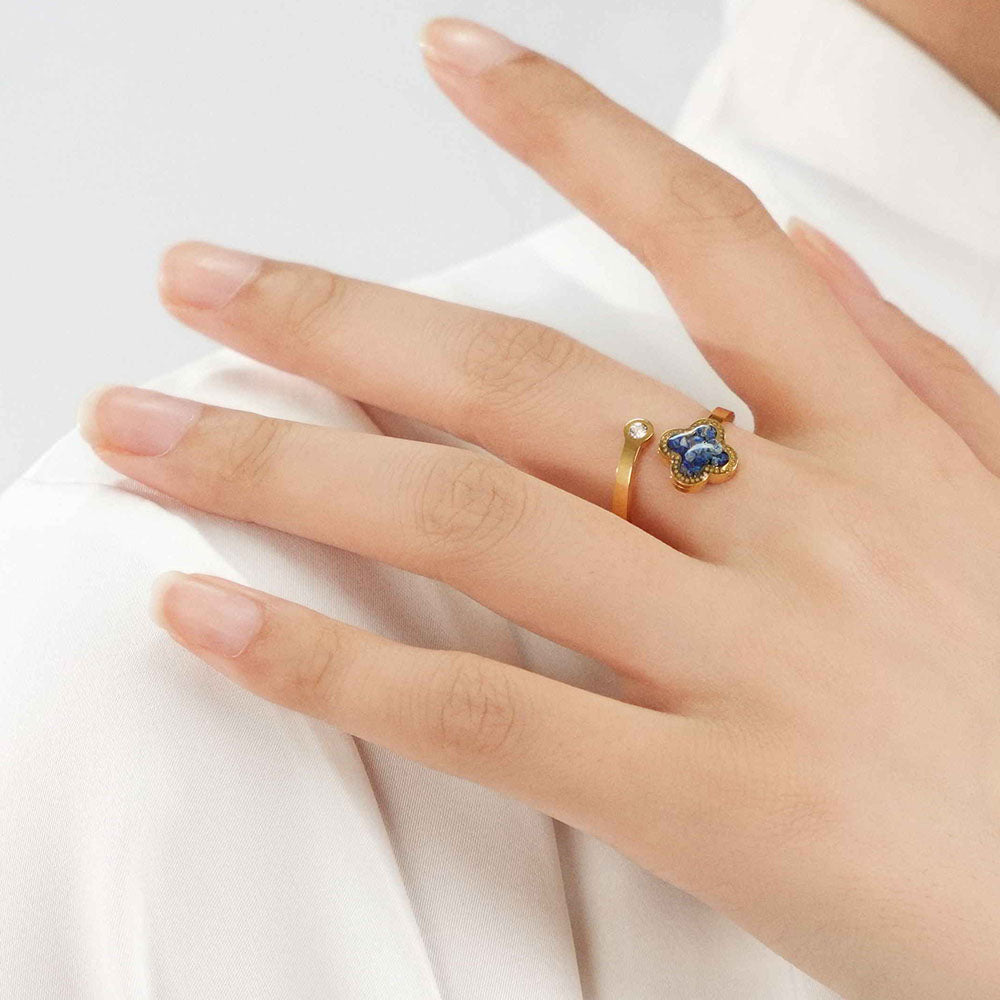 Colored Stone Inlaid Lapis Four-Leaf Clover Ring