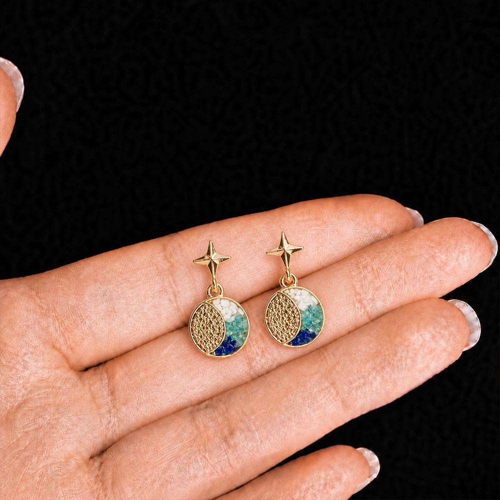 Stone Inlay Sun Moon Star Earrings, Blue and White Style