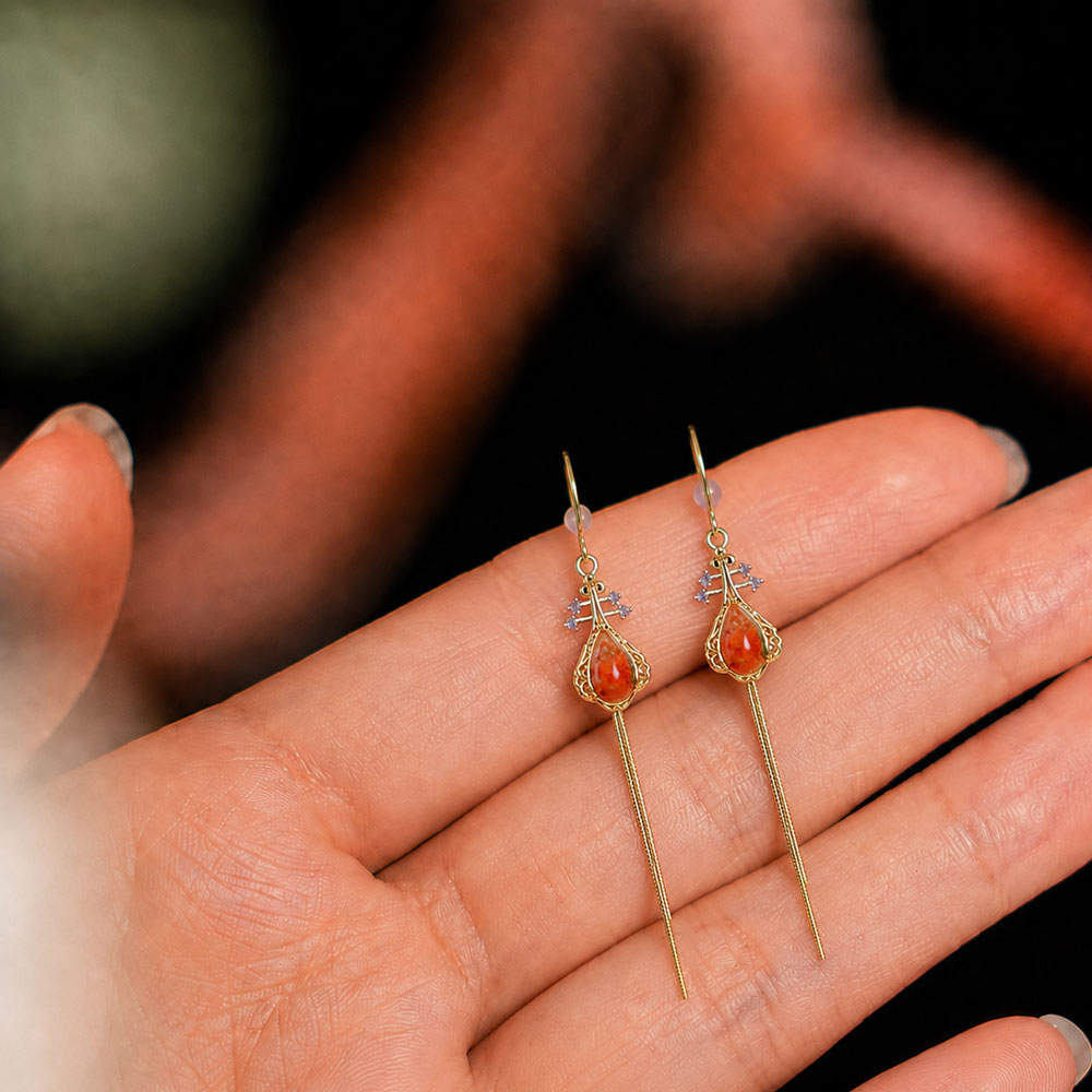 Colored Stone Inlaid Tassel Pipa Earrings Red Prosperity Series