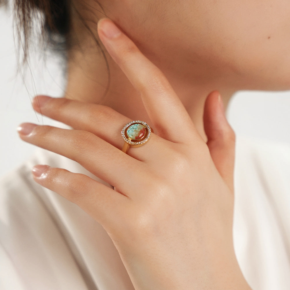 Dunhuang-Colored Big Round Bean Ring Inlaid with Colored Stones
