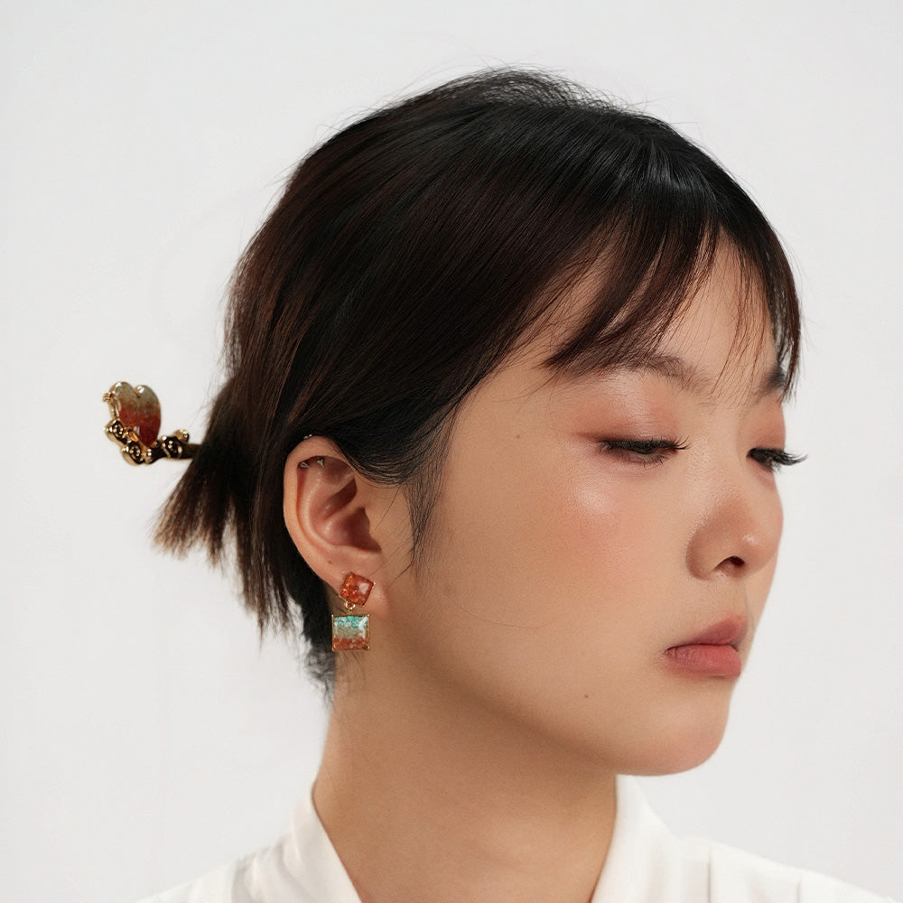 Colorful Stone Inlaid Earrings, Dunhuang Color Square Style