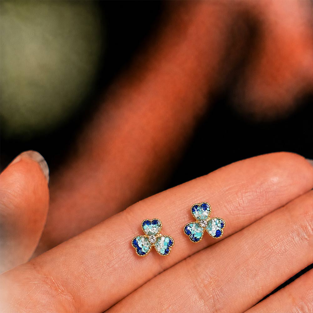 Color Stone Inlay Blue & White Three-Leaf Clover Stud Earrings
