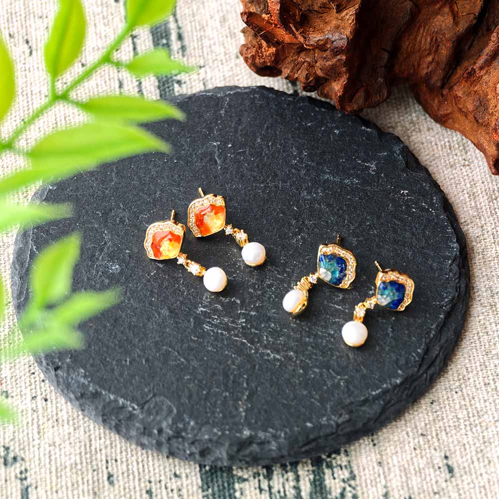 Blue & White Pearl Fan-Shaped Stud Earrings