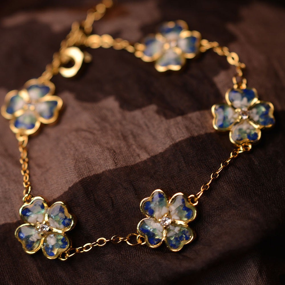 Color Stone Inlay Bracelet – Four-Leaf Clover B, Blue & White Series