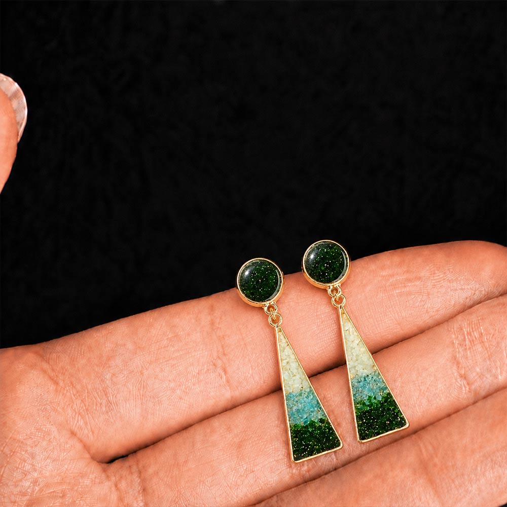 Colorful Stone Inlaid Geometric Earrings, Emerald Green Round Triangle