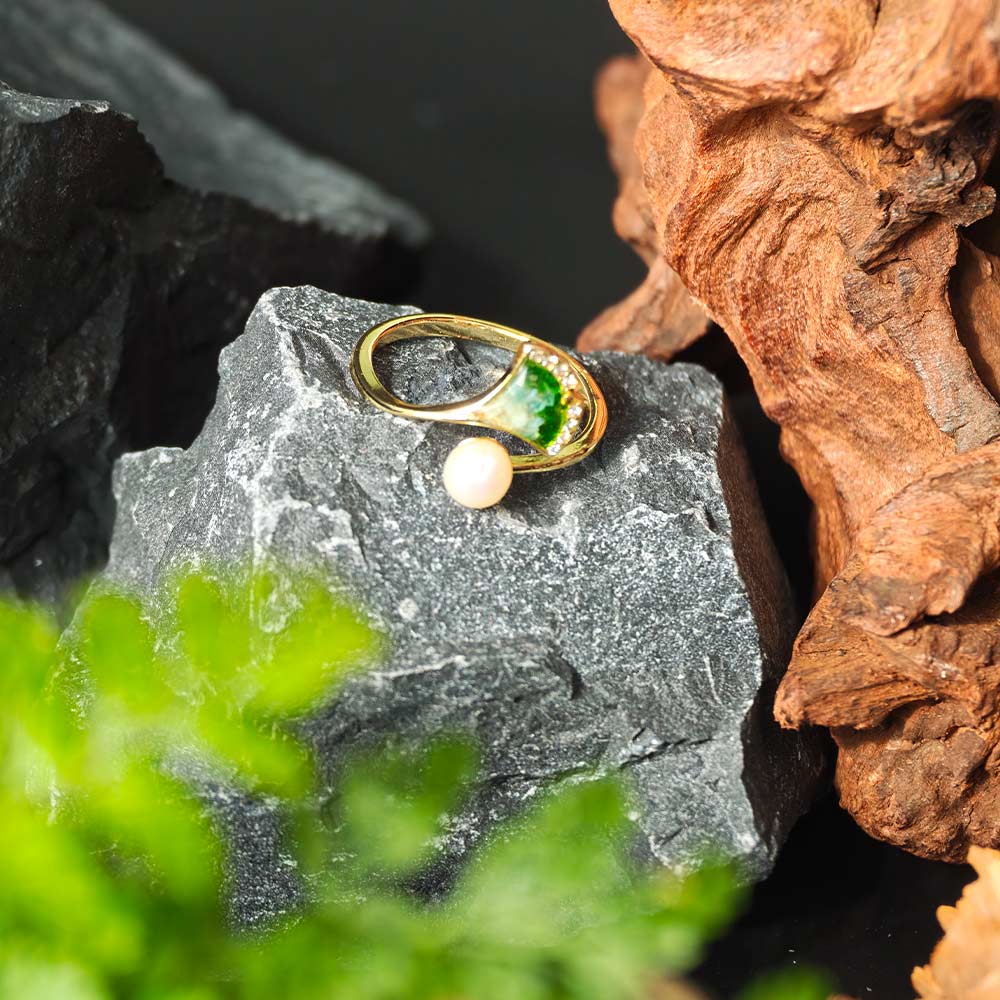Rainbow Stone Inlay Jadeite Green Gradient Ginkgo Leaf Pearl Ring