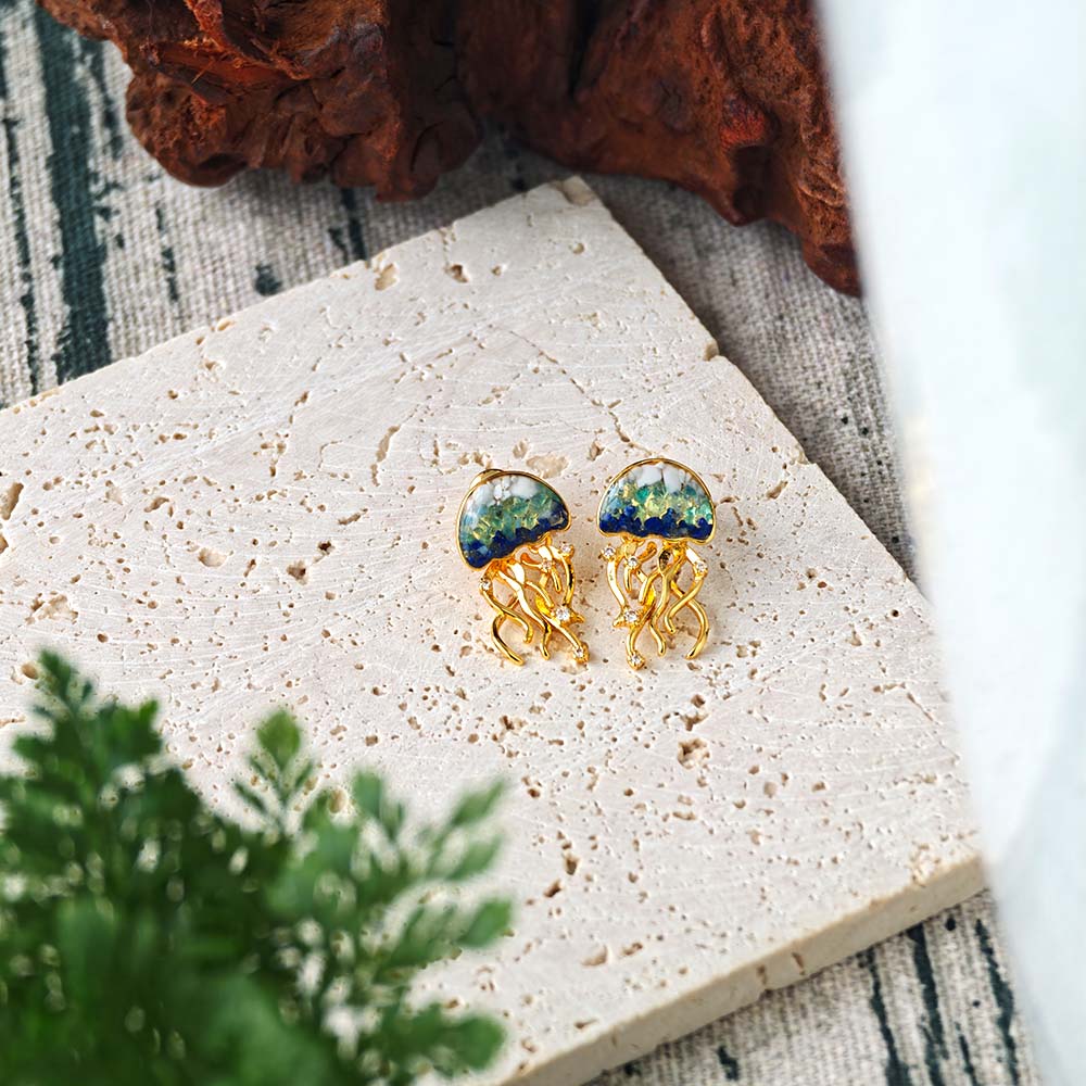 Color Stone Inlay Blue & White Jellyfish Stud Earrings
