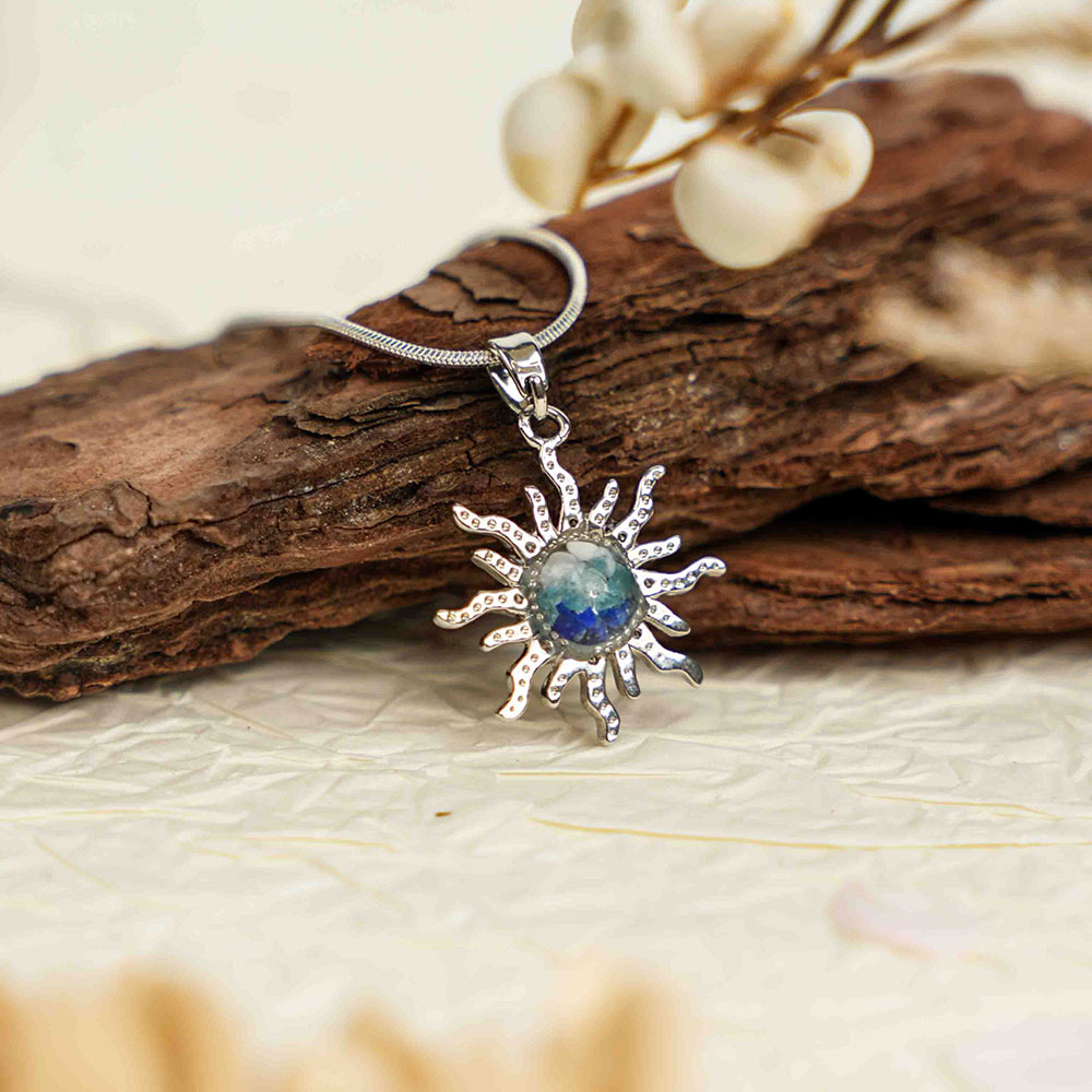 Color Stone Inlay Silver Sun Necklace – Blue & White