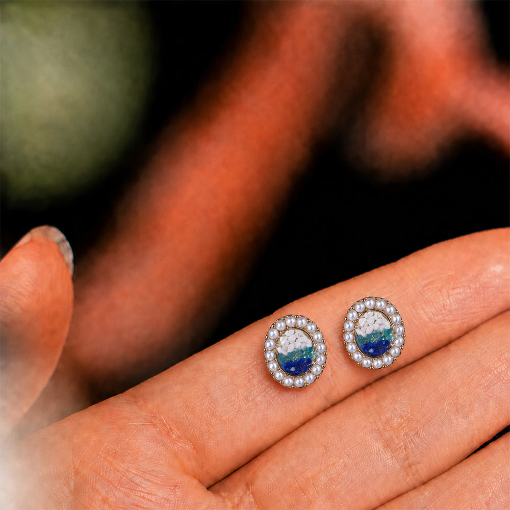 Colorful Stone Inlaid Oval Pearl Earrings, Blue-White Gradient