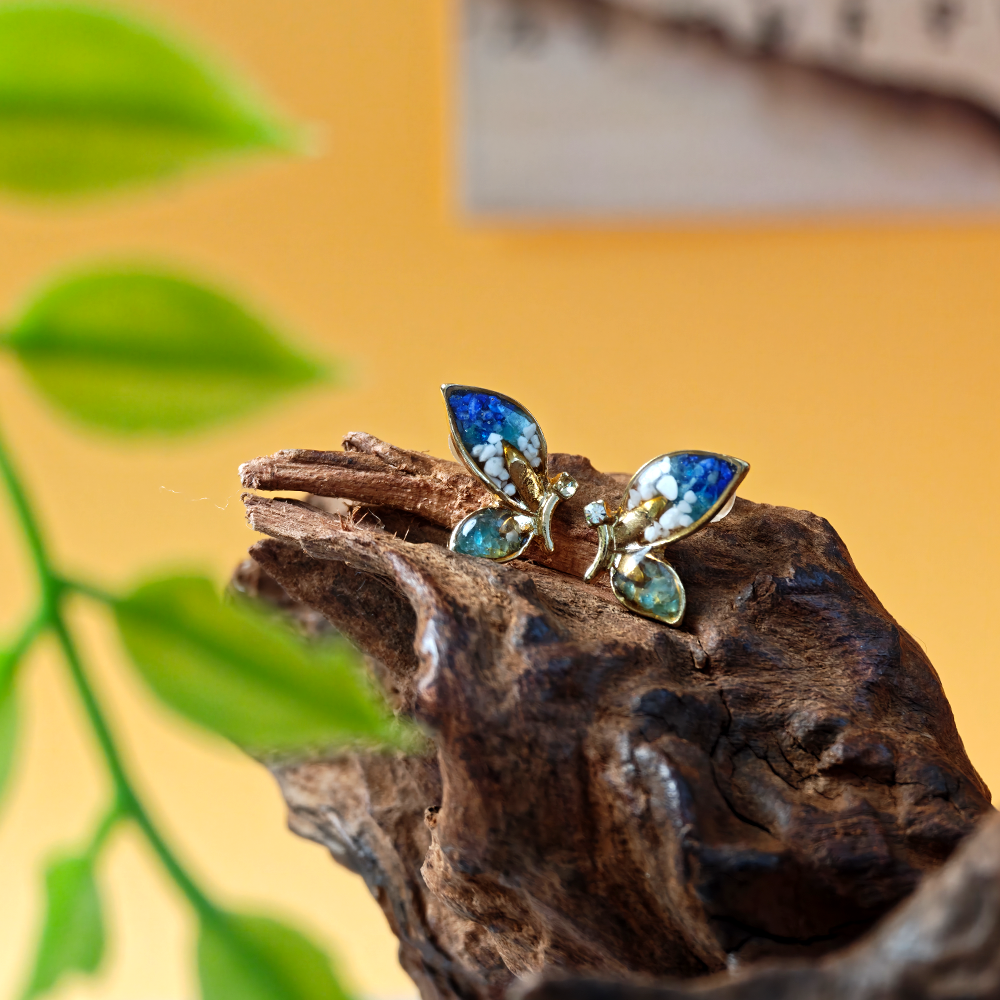 Color Stone Inlay Blue & White Butterfly Wing Stud Earrings