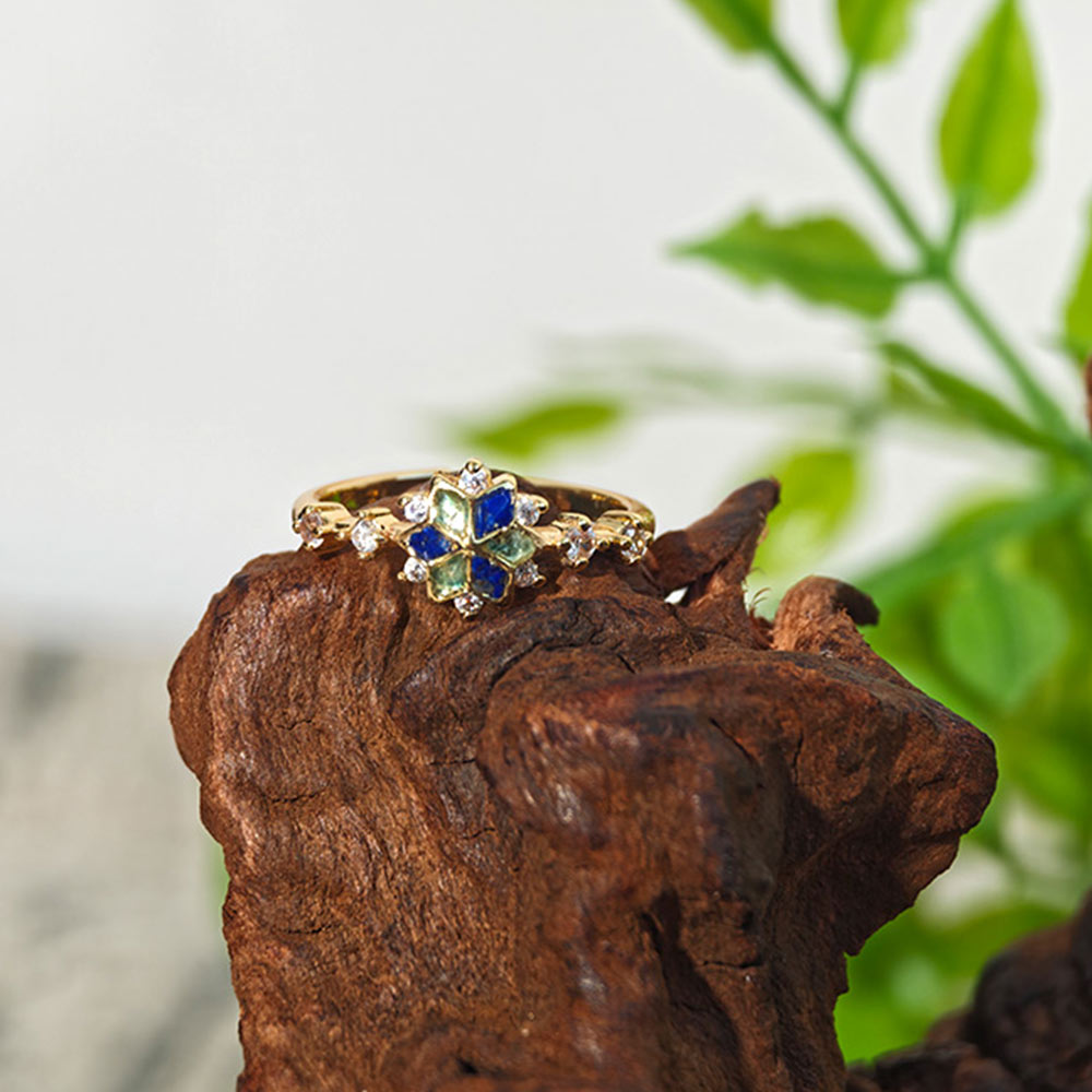 Color Stone Inlay Blue & White Snowflake Ring