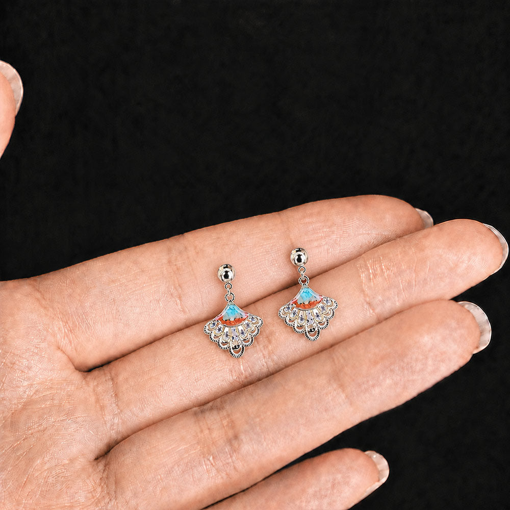 Dunhuang Color Openwork Fan Stone Inlay Earrings