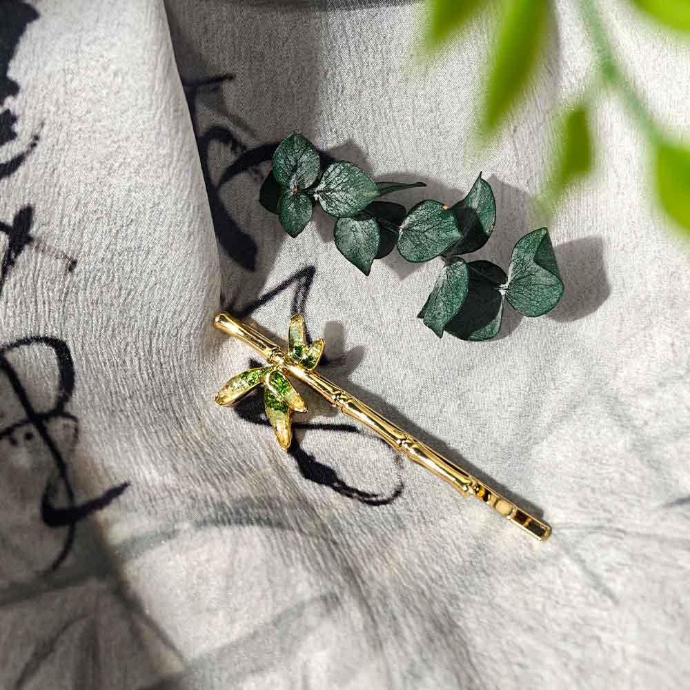 Jadeite Bamboo Hairpin with Colorful Stone Inlay