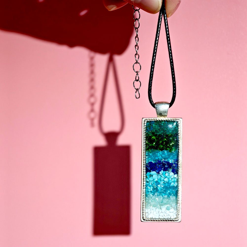 Azure-Green Landscape Rectangular Necklace with Colorful Stone Inlay