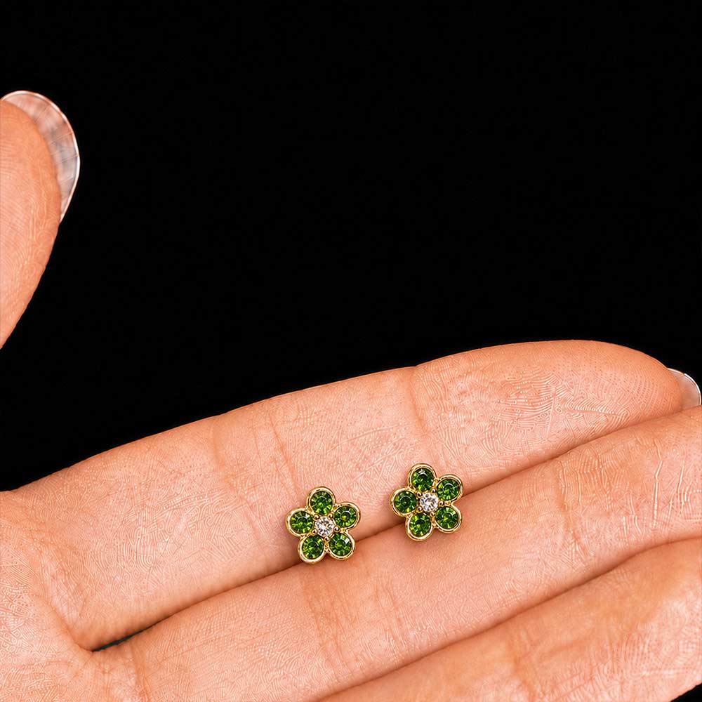 Colored Stone Inlaid Five-Petal Flower Emerald Green Earrings