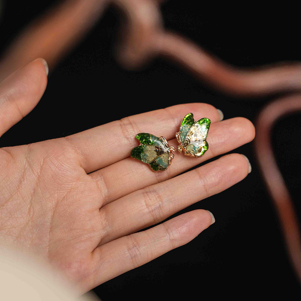 Colorful Stone Inlaid Earrings, Emerald Green Butterfly Wings