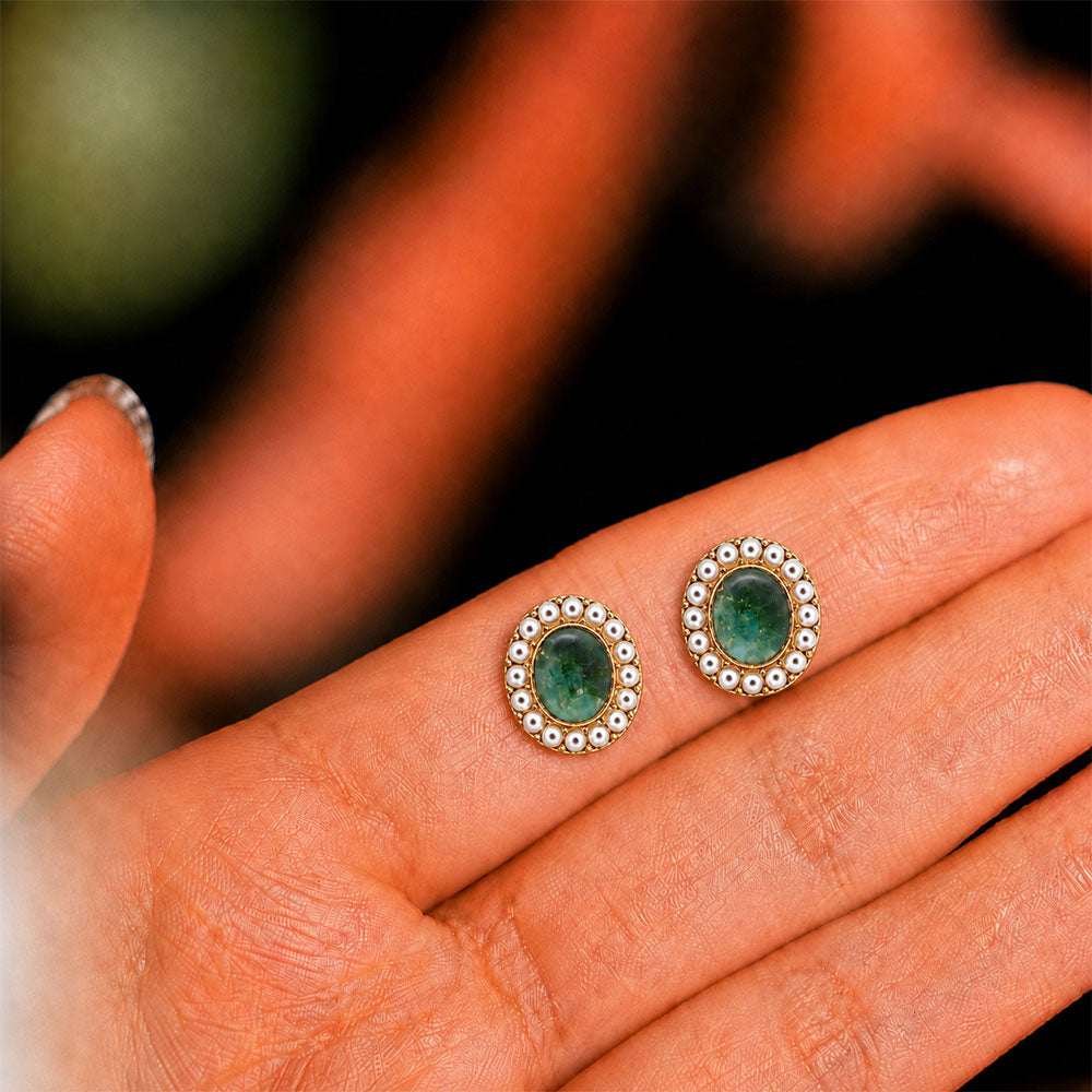 Colorstone Inlay Pearl Oval Stud Earrings, Emerald Green Series