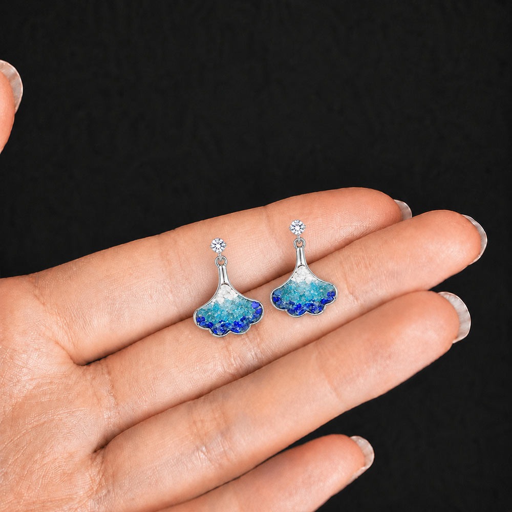 Color Stone Inlay Silver Blue & White Ginkgo Stud Earrings
