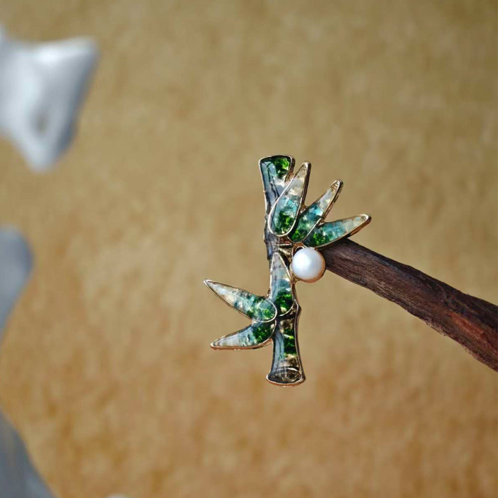 Jade Green Stone Inlay Bamboo Shape Brooch