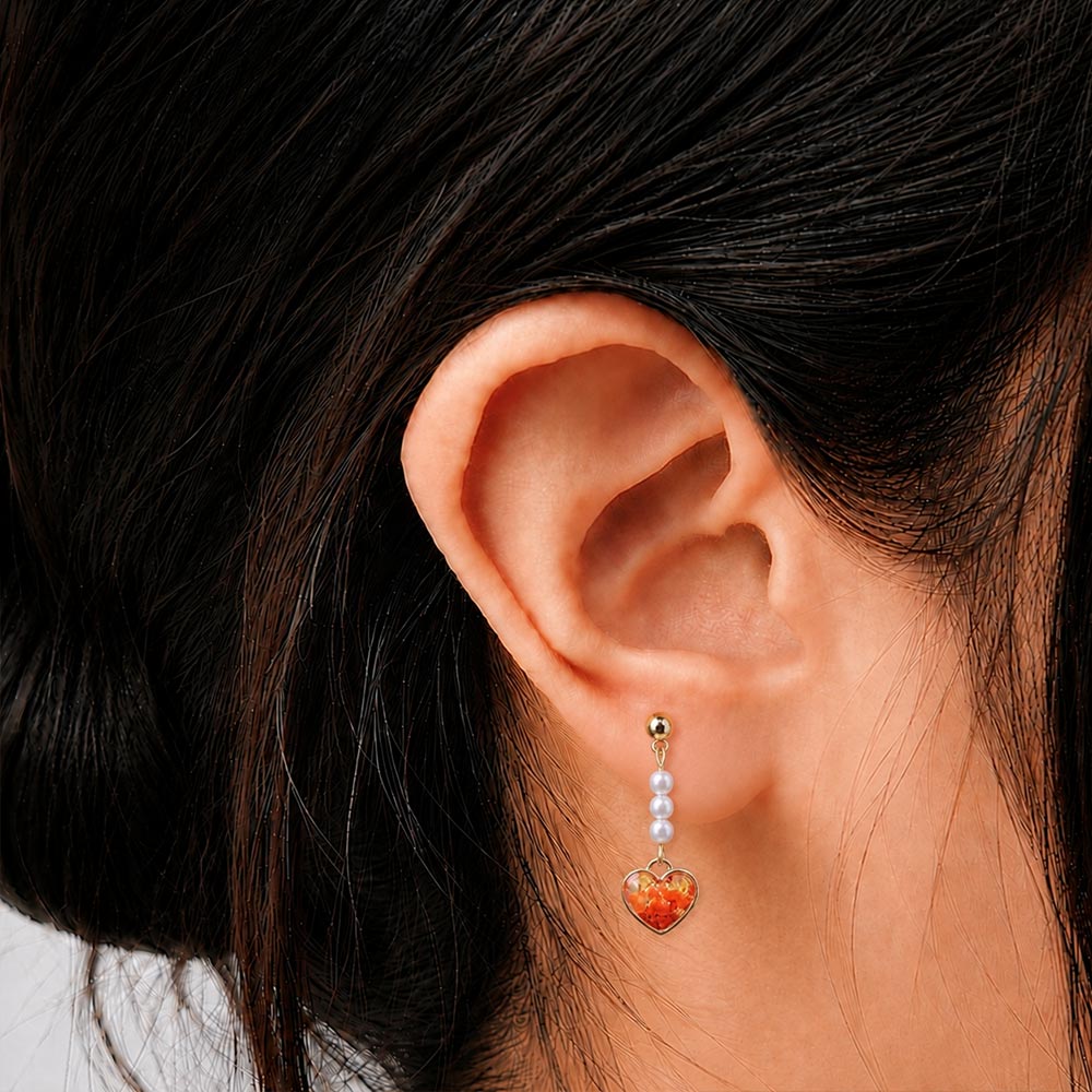 Color Stone Inlay Studs – Pearl & Heart, Vibrant Red