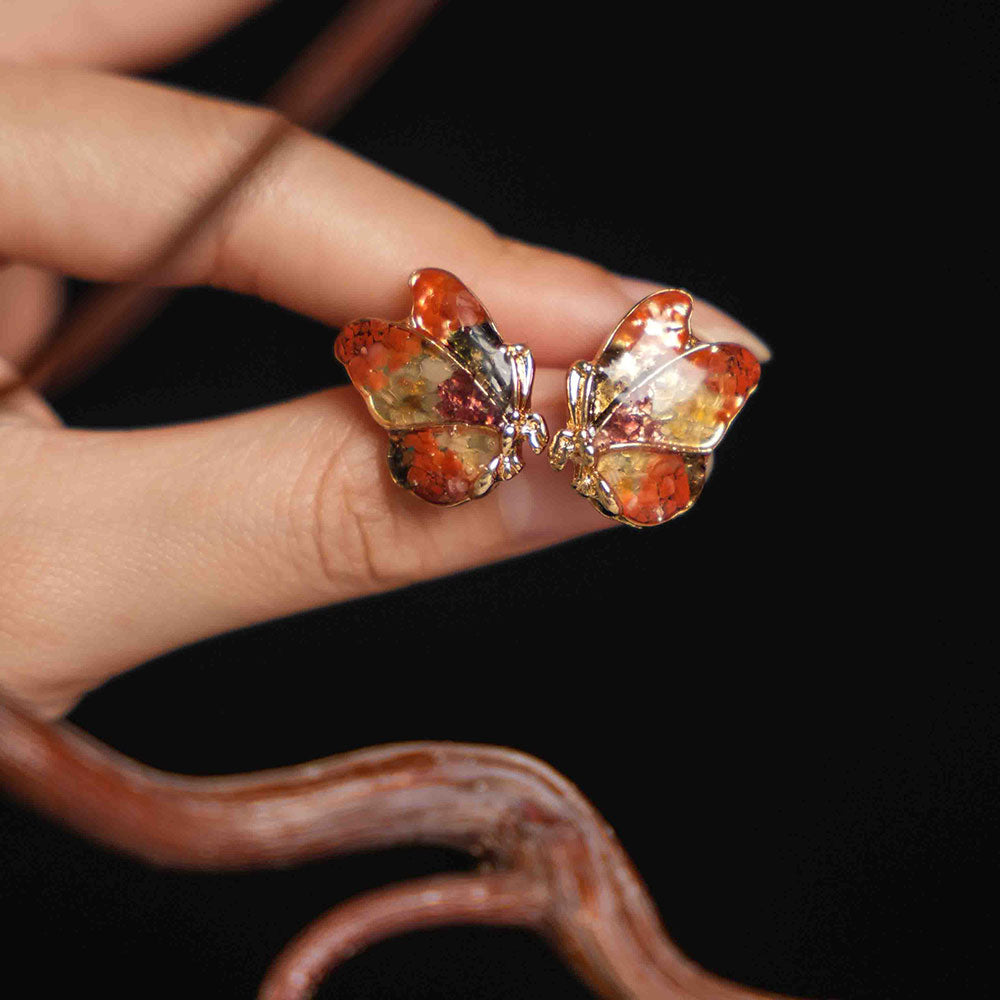 Color Stone Inlay Butterfly Wing Stud Earrings - Red & Prosperous Series