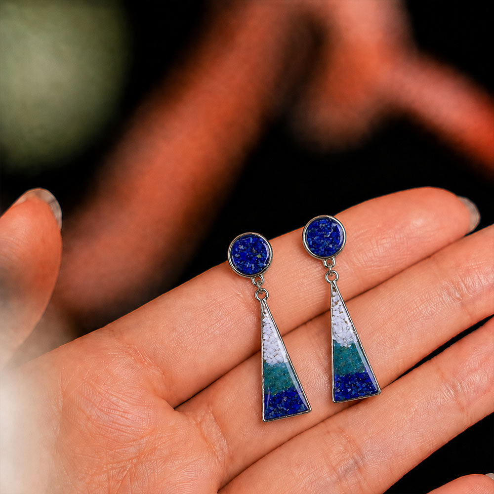 Colorful Stone Inlaid Geometric Earrings, Blue-White Round Triangle