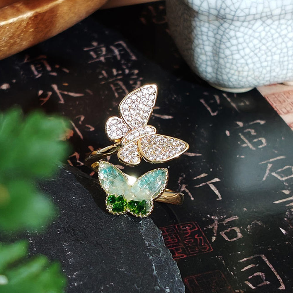 Color Stone Inlay Light Green Gradient Butterfly Ring – C Style