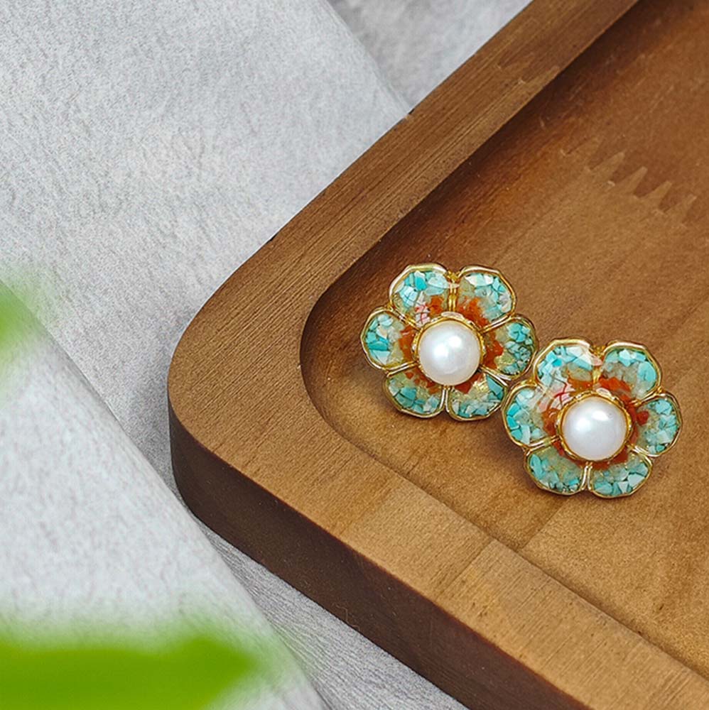 Dunhuang Baoxiang Flower Blue Stud Earrings