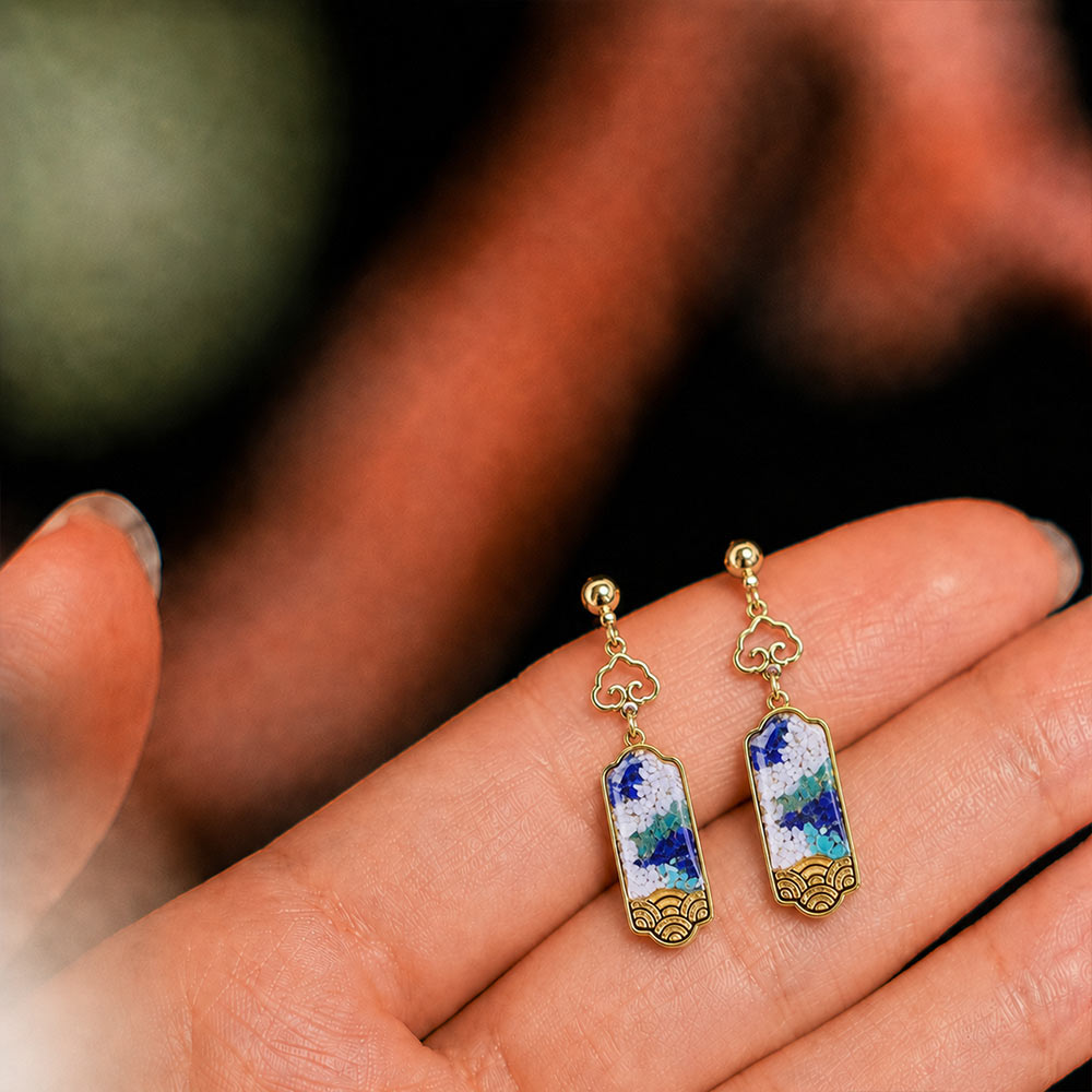 Colored Stone Inlaid Blue-and-White Nameplate Hook Earrings