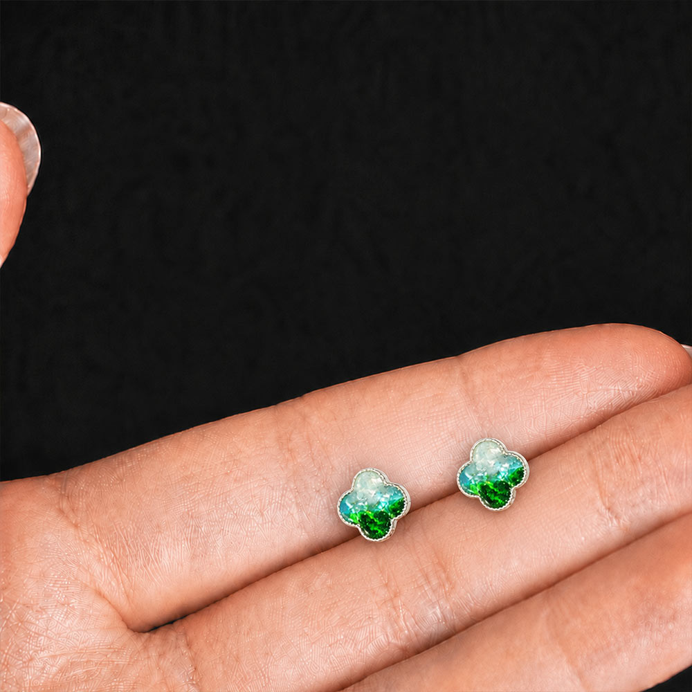 Color Stone Inlay Silver Four-Leaf Clover Stud Earrings – Jade Green Series