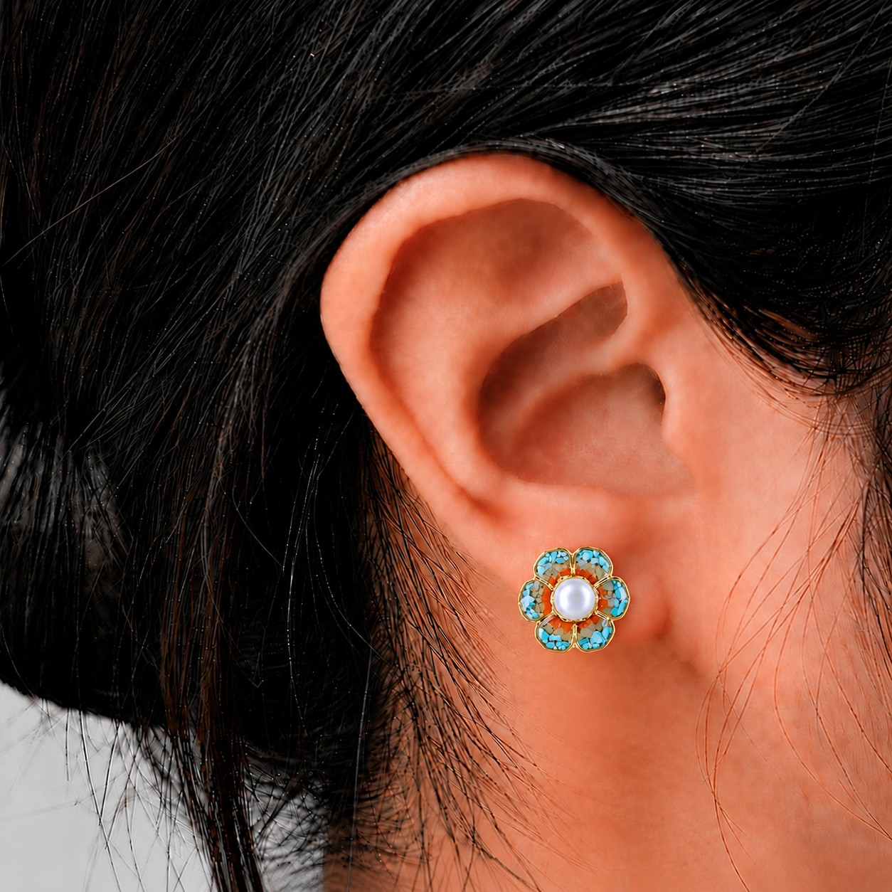 Dunhuang Baoxiang Flower Blue Stud Earrings