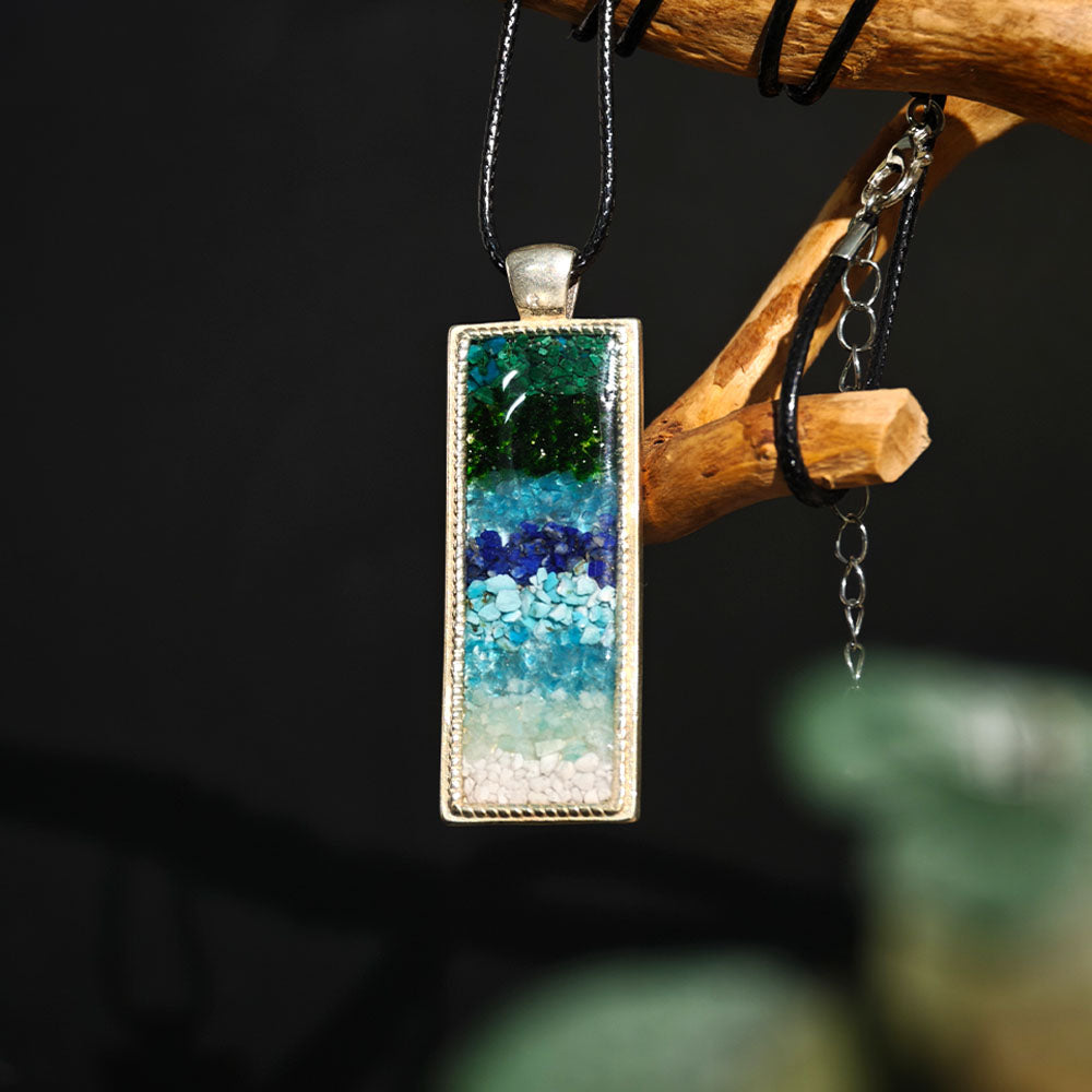 Azure-Green Landscape Rectangular Necklace with Colorful Stone Inlay