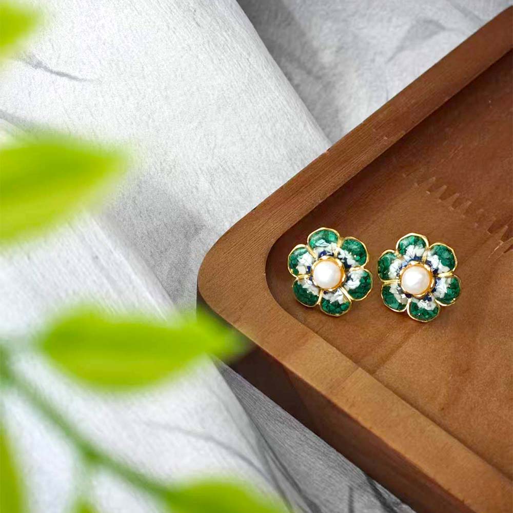 Color Stone Inlay Jade Green Baoxiang Flower Stud Earrings