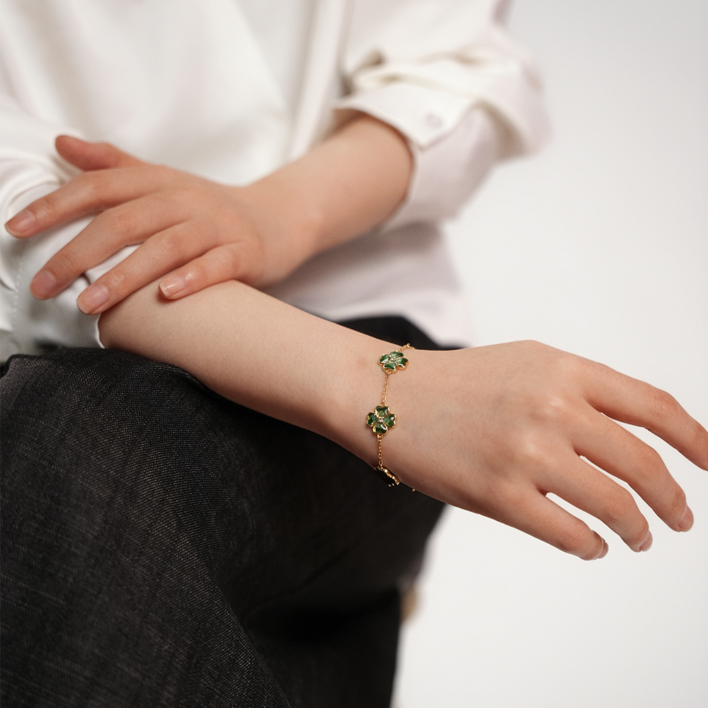 Clover-Shaped Gemstone Inlay Bracelet, Style B: Emerald Green Collection
