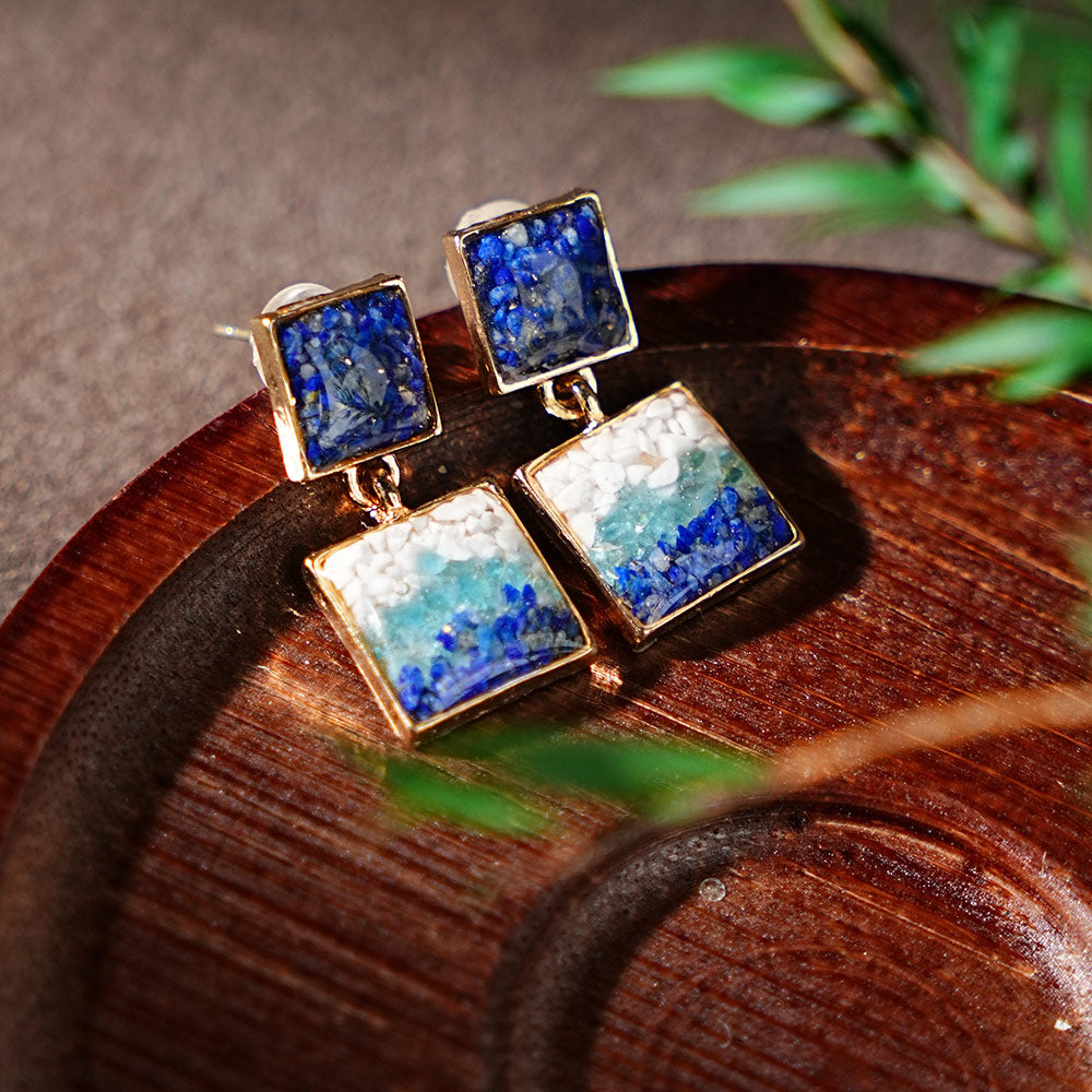 Square Blue-and-White Inlaid Stone Earrings