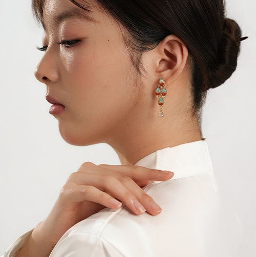 Color Stone Inlay Stud Earrings – Dunhuang Red Nanhong Teardrop