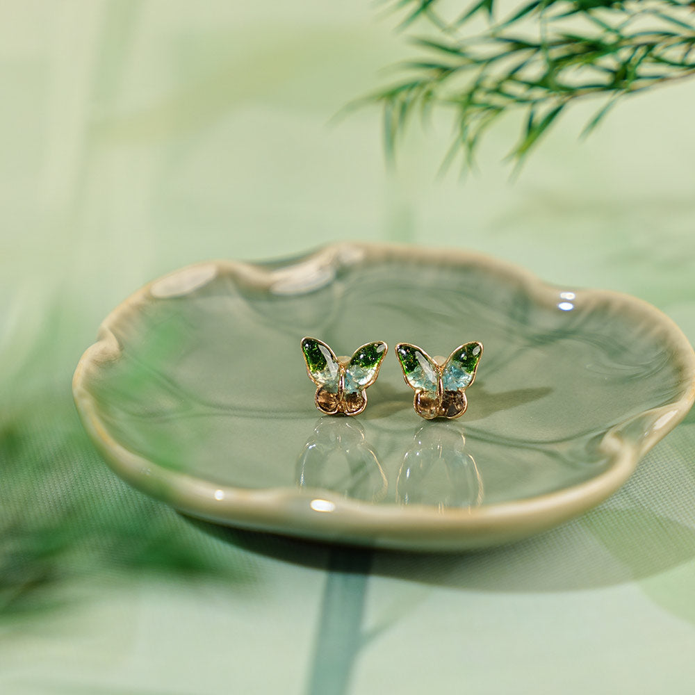 Color Stone Inlay Jade Green Little Butterfly Stud Earrings