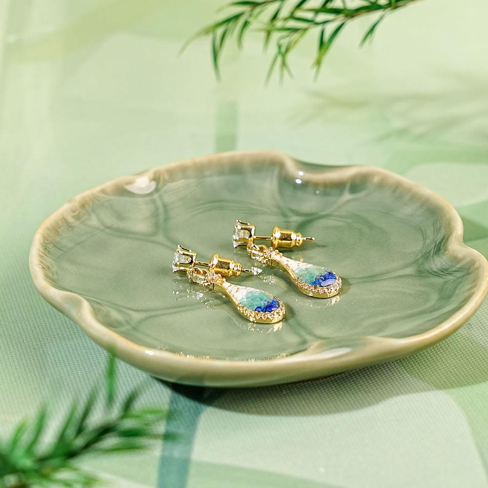 Colored Stone Inlaid Pipa Earrings Blue-and-White Series