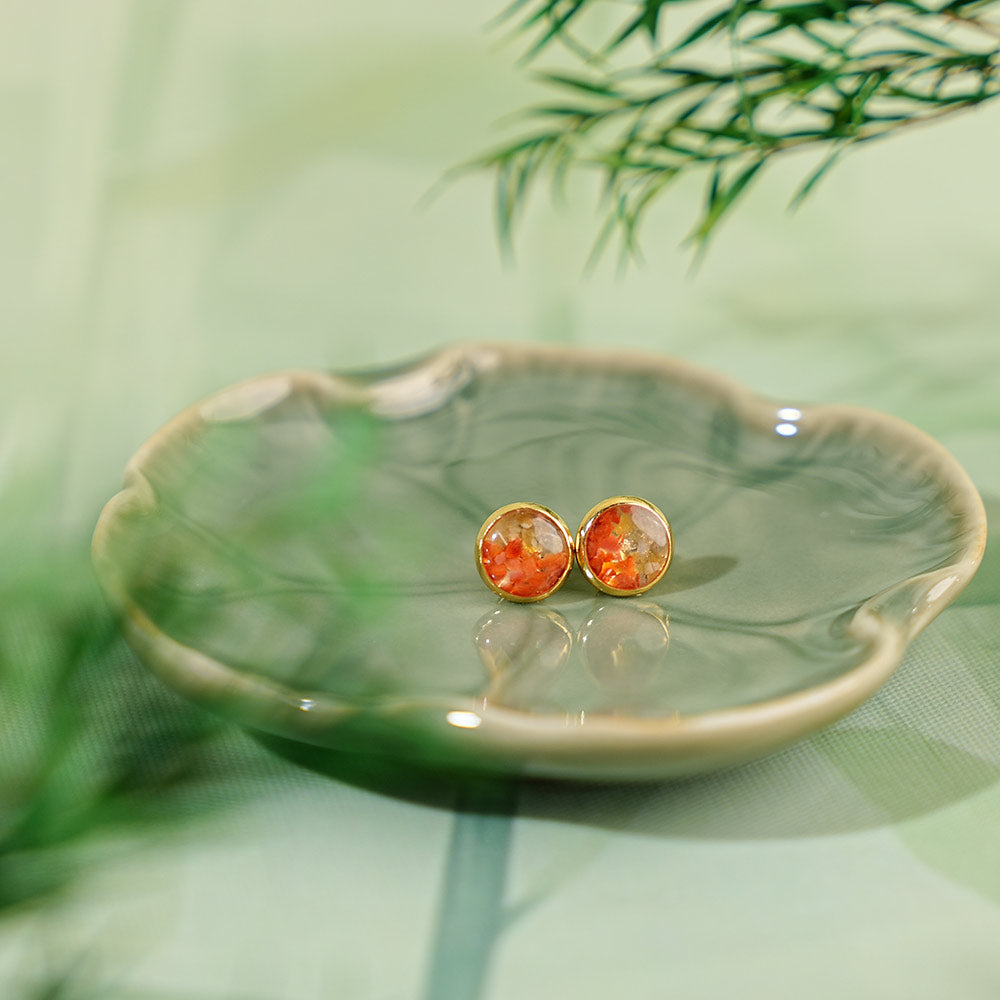 Color Stone Inlay Small Round Bead Stud Earrings, Red & Prosperous Series