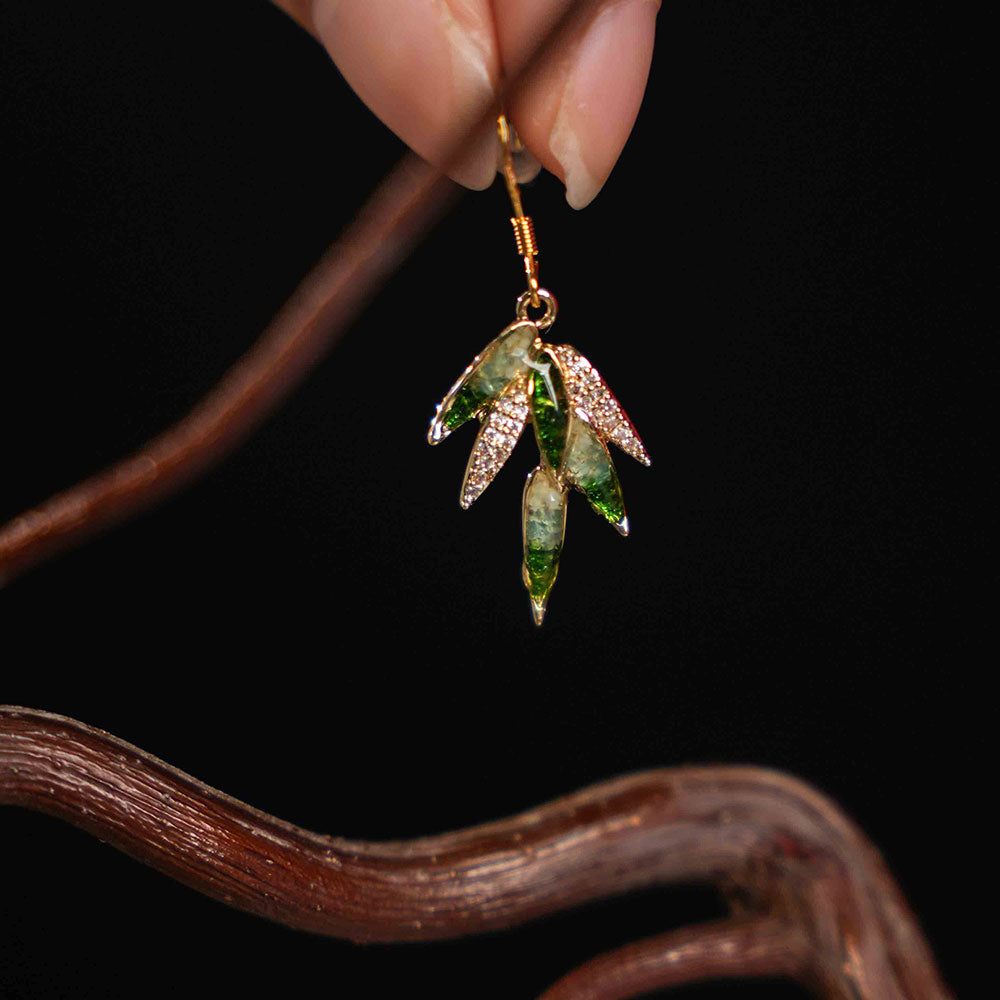 Color Stone Inlay Bamboo Leaf Earhooks