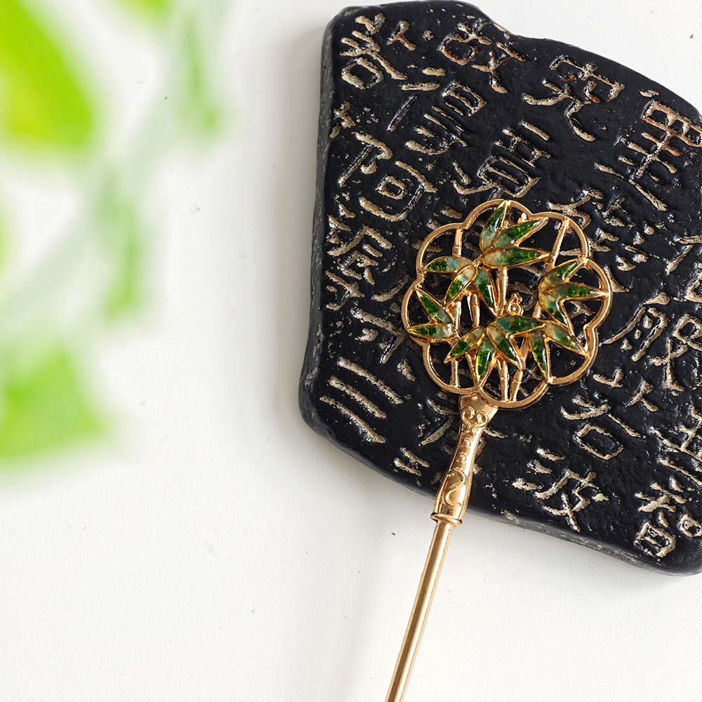 Jadeite Green Color Variation: Color Stone Inlaid Openwork Bamboo Hairpin