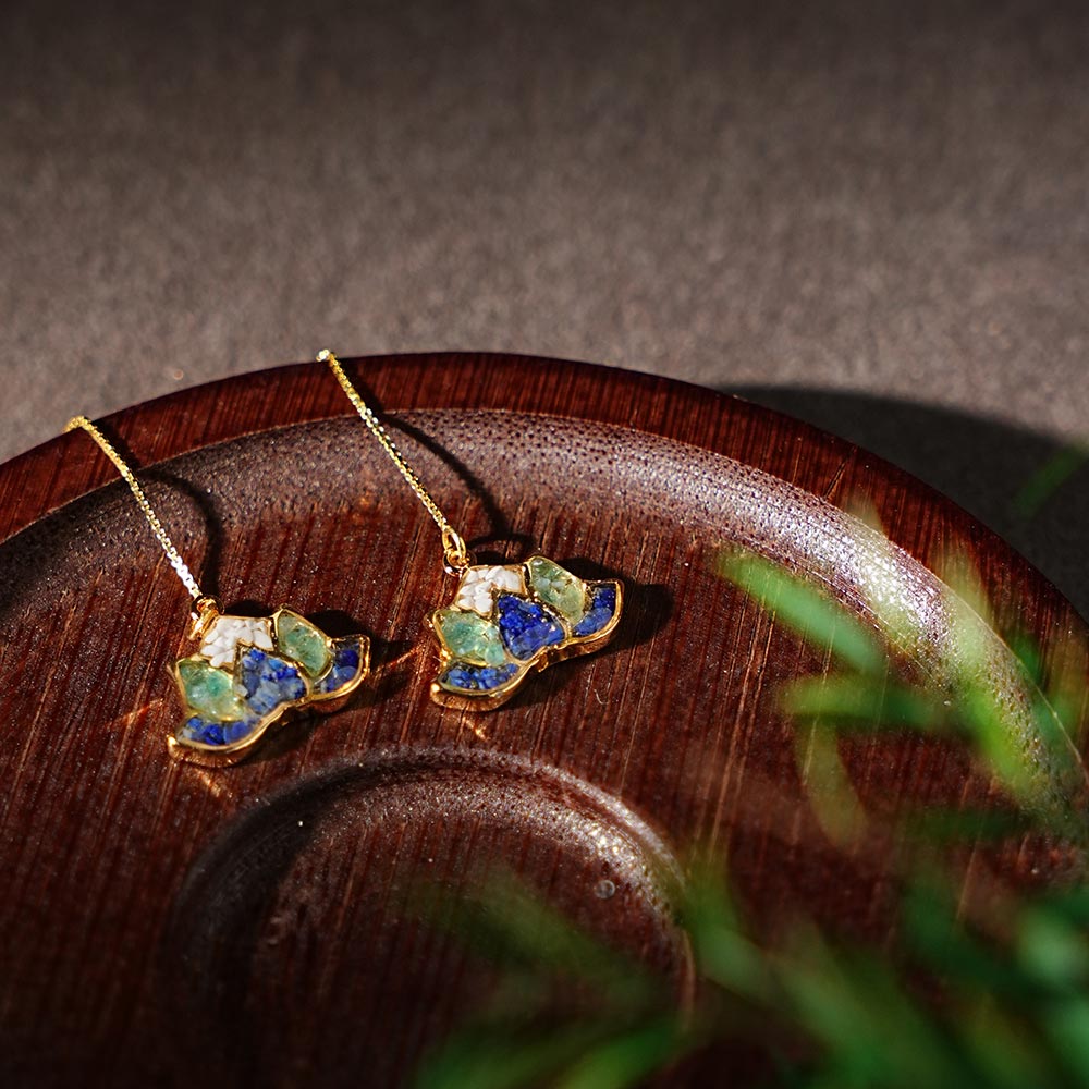 Colorful Stone Inlaid Long Earrings, Lotus Blue & White Porcelain Style