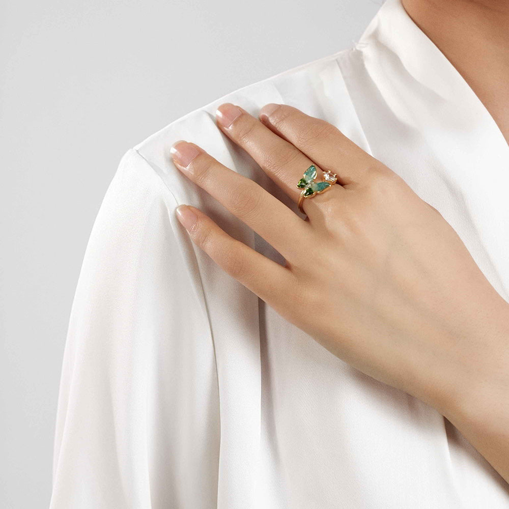 Colored Stone Inlaid Jade Green Gradient Butterfly Ring