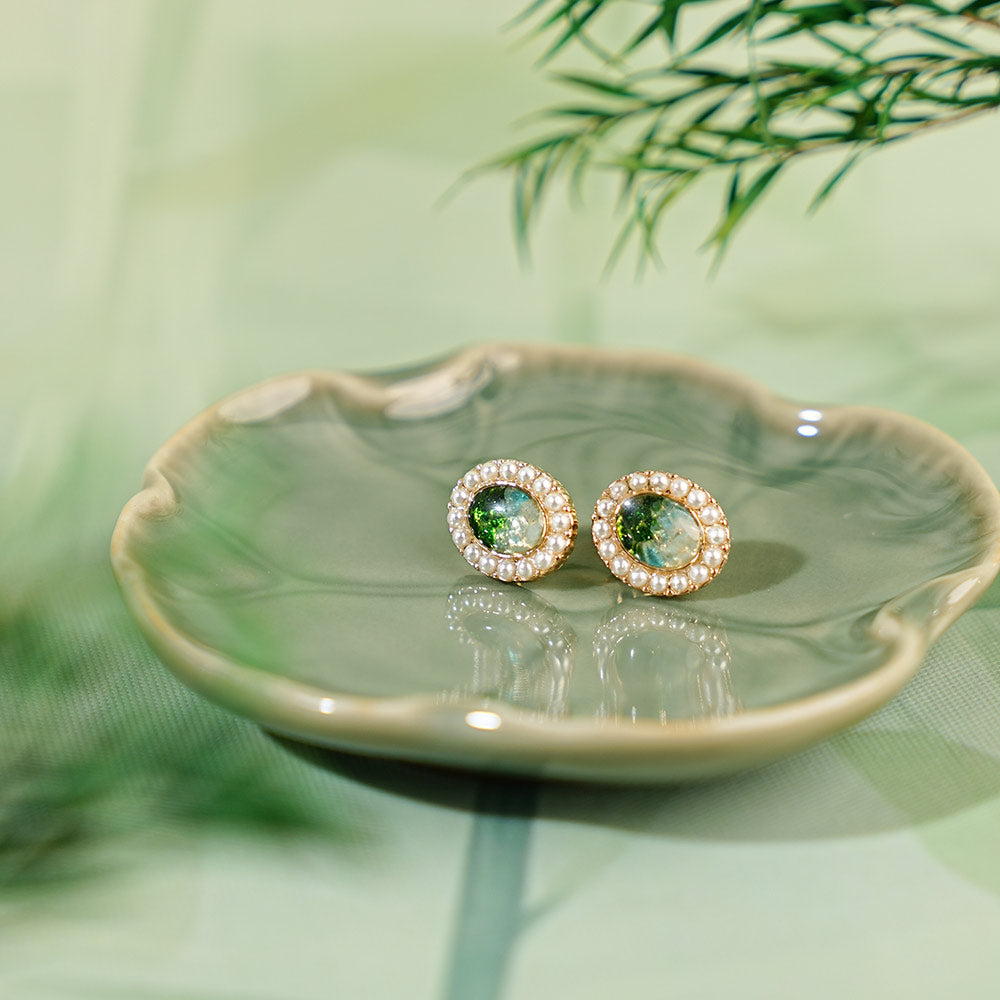 Colorstone Inlay Pearl Oval Stud Earrings, Emerald Green Series