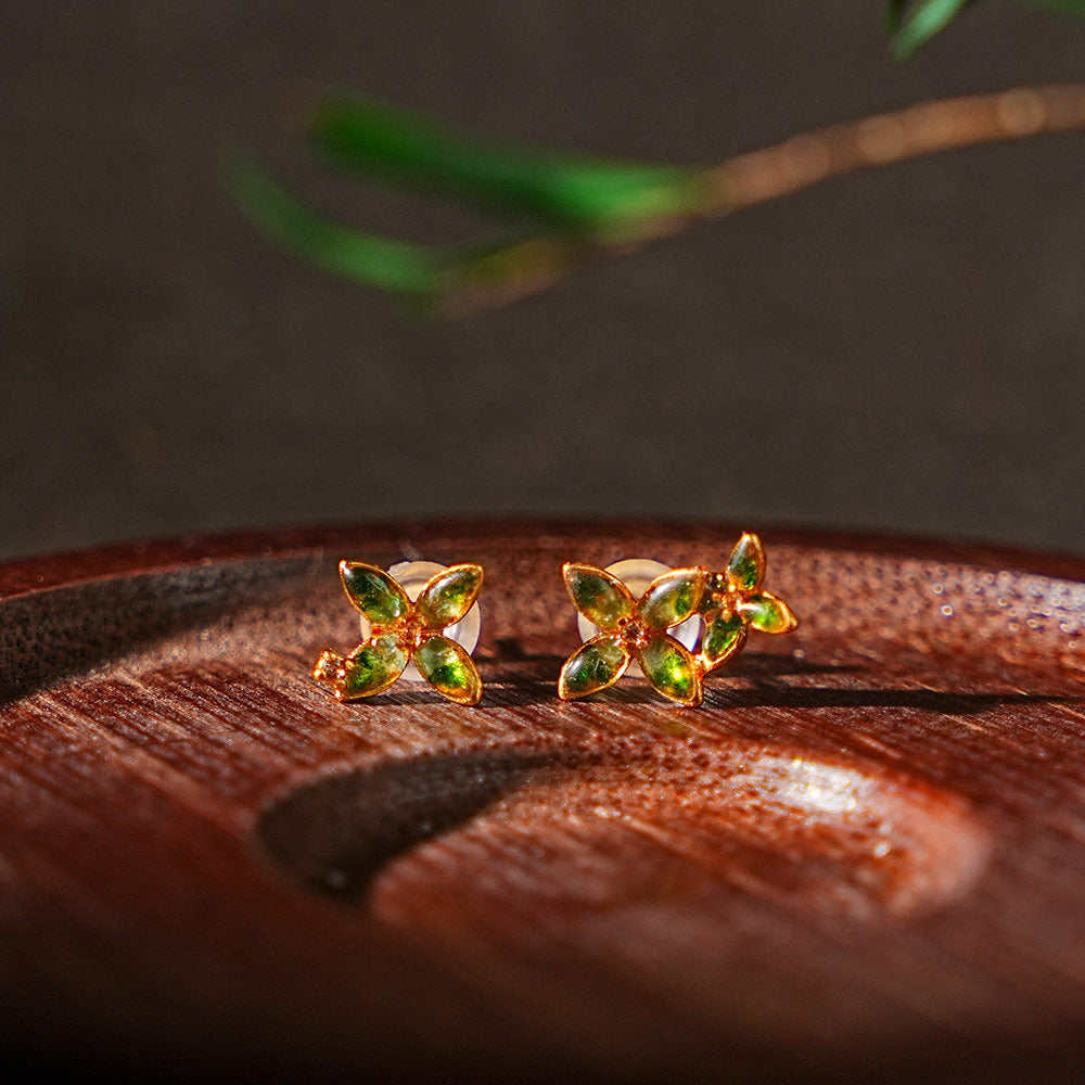 Color Stone Inlay Asymmetrical Osmanthus Stud Earrings - Prosperous Red Series