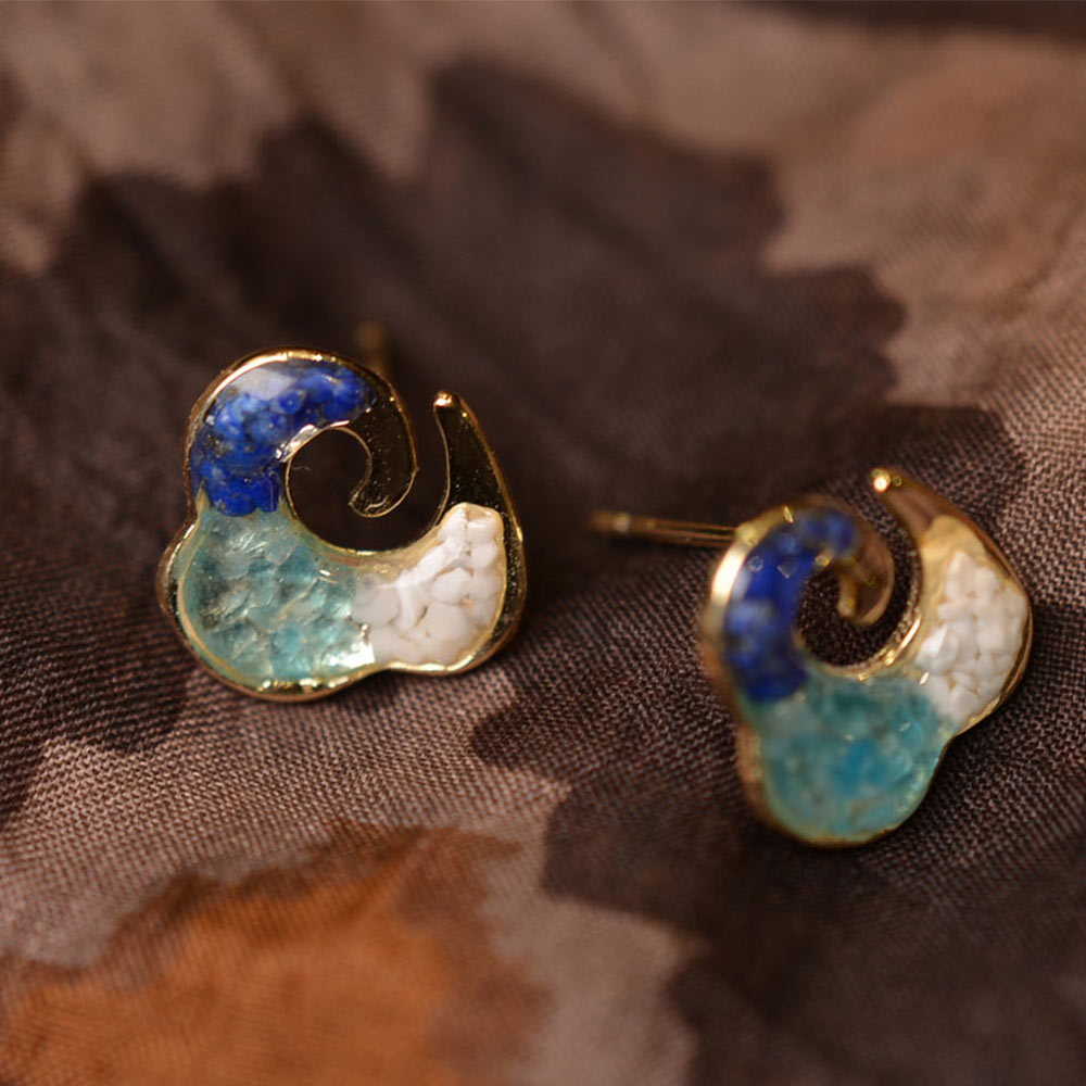 Color Stone Inlay Earrings – Blue & White Swirling Cloud