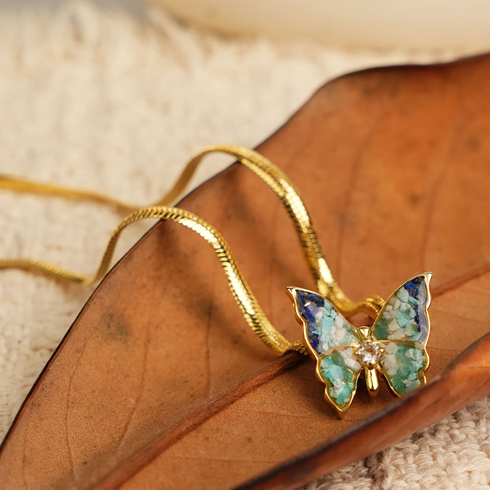 Color Stone Inlay Butterfly Necklace – Blue & White Style