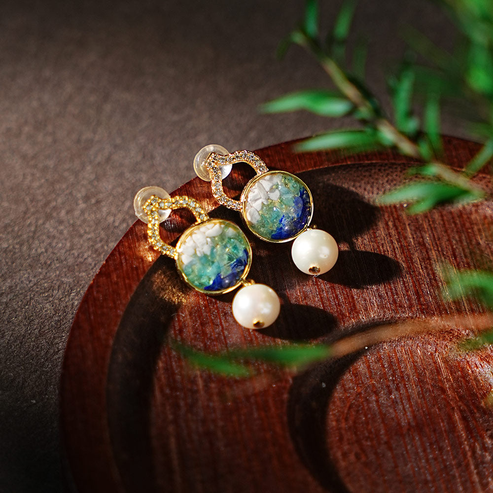 Colored Stone Inlaid Blue-and-White Gourd Earrings