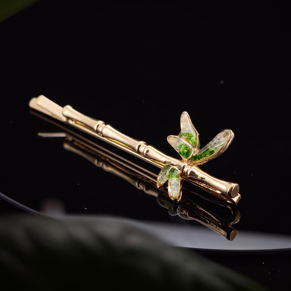 Jadeite Bamboo Hairpin with Colorful Stone Inlay