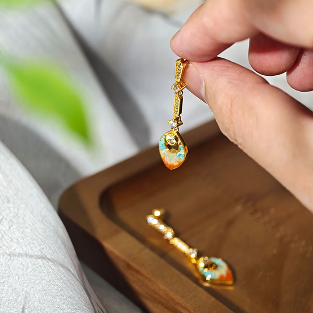 Color Stone Inlay Hollow Diamond Drop Earrings - Dunhuang Red Series